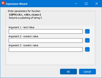 The Expression Wizard dialog where the three parameters of the copy command are entered. Argument 1 is the text value, and arguments 2 and 3 are numeric values.